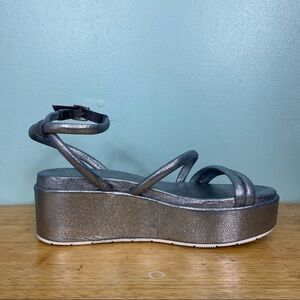 J Slides Quilt Silver Metallic‎ Leather Sandal Platform Chunky Sz 6.5 M